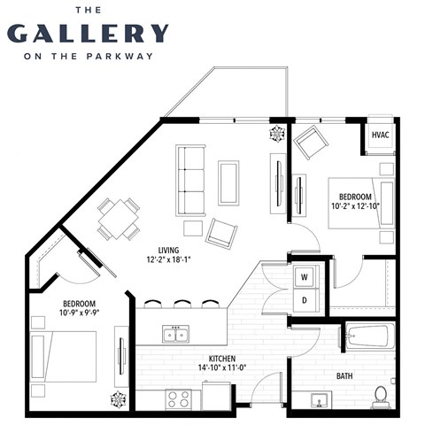 Floor plan for 2 beds, 1 bath, 1003 sqft